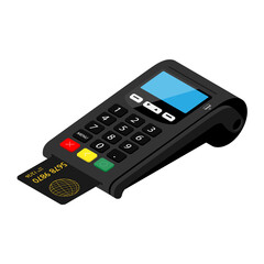 New smart POS terminal payment machine with bank credit card isolated on white background. Bank Payment Terminal. Processing payment device. Isometric view