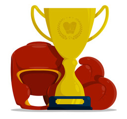 Prize sports cup with boxing gloves and protective boxing helmet for participation in competitions. Award trophy to winner of tournament. Vector in cartoon style