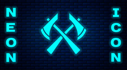 Glowing neon Firefighter axe icon isolated on brick wall background. Fire axe. Vector