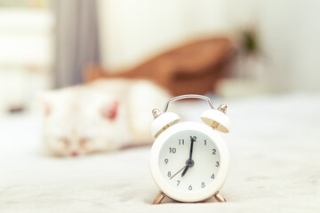 Retro alarm clock in the interior on a blurred background.