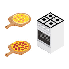 Italian different pizzas cooked in oven. Salami and hawaiian pizza for restaurants, pizzerias