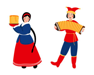 A Russian woman with pancakes in her hands and a man with an accordion. The concept of celebrating Maslenitsa. Vector stock hand drawn illustration isolated on white background