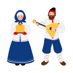 A Russian woman with pancakes in her hands and a man with a balalaika. The concept of celebrating Maslenitsa. Vector stock hand drawn illustration isolated on a white background