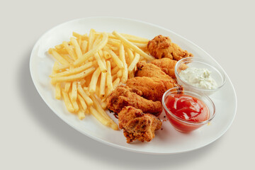 Crispy chicken wings with french fries and garlic mayonnaise and sweet and sour sauce.