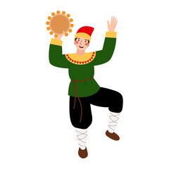 A young man in a traditional Russian folk costume, with a tambourine in his hands. The concept of celebrating Maslenitsa. Vector stock hand drawn illustration isolated on a white background