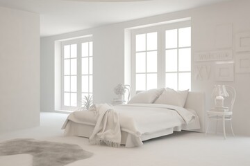 Modern bedroom in white color. Scandinavian interior design. 3D illustration
