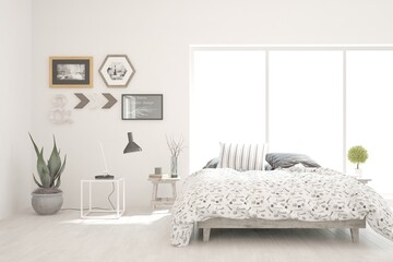 Soft color bedroom interior. Scandinavian design. 3D illustration
