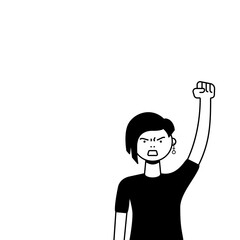 A woman protests with a raised up fist, screaming angrily. LGBTQ female protester or activist. Design for square banner or placard with copy space. Vector flat illustration.