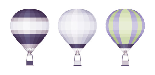 Naklejka premium Air balloon set, bag aircraft flight technology to enjoy flying. Floating ballooning adventure for romantic ride, nature discovery. Vector flat style cartoon illustration isolated on white background