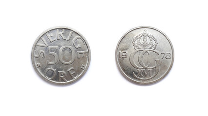 1978 Swedish 50 Sverige Ore Coin Front and Back Side Isolated on White Background