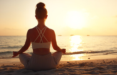 Calm woman meditating on beach at sunset