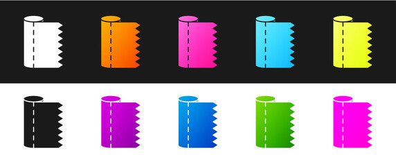 Set Textile fabric roll icon isolated on black and white background. Roll, mat, rug, cloth, carpet or paper roll icon. Vector