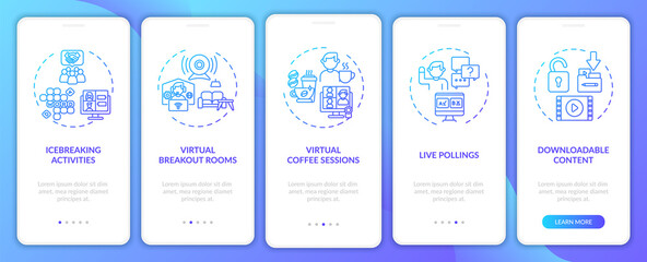 Distant events success tips onboarding mobile app page screen with concepts. Coffee sessions walkthrough 5 steps graphic instructions. UI, UX, GUI vector template with linear color illustrations