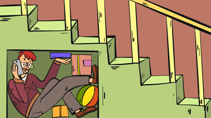 Man hides in storage room under the stairs. Illustration in doodle cartoon style