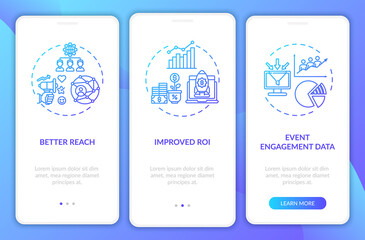 Fototapeta na wymiar Hybrid meeting benefits onboarding mobile app page screen with concepts. Engagement, better reach walkthrough 3 steps graphic instructions. UI, UX, GUI vector template with linear color illustrations