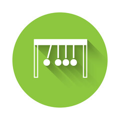 White Pendulum icon isolated with long shadow. Newtons cradle. Green circle button. Vector