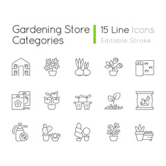 Gardening store categories linear icons set. Pesticides for protecting plants from insects. Customizable thin line contour symbols. Isolated vector outline illustrations. Editable stroke