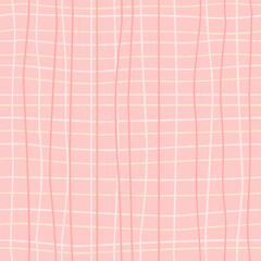 Seamless pattern in a cage. Linear abstract ornament. Pink cute hand drawn background for children's wallpaper design, clothing.