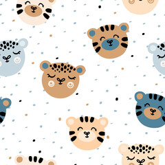 Cute seamless pattern with animals. Baby design in the Scandinavian cartoon style.Tiger and leopard faces