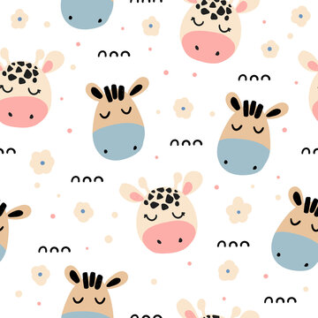 Cute seamless pattern with animals. Baby design in the Scandinavian cartoon style.Zebra and giraffe faces