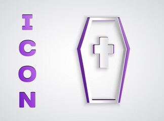 Paper cut Coffin with christian cross icon isolated on grey background. Happy Halloween party. Paper art style. Vector