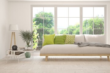 White living room with sofa and summer landscape in window. Scandinavian interior design. 3D illustration