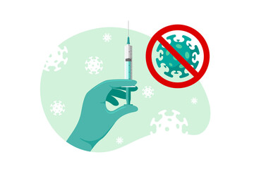 Doctor or nurse hand in green gloves with coronavirus infection vaccince syringe. Scientist or researcher holding covid-19 disease vaccination shot. Medical and drug from 2019-ncov. Medicine eps