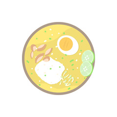 illustration of a food from asia. soto ayam or chicken soup, food from Indonesia. shredded chicken, eggs, green onions, rice, sprouts. flat style. vector design