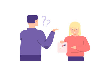 illustration of a woman asking a man for the street or address. a man who is talking to a foreigner but does not understand his language. flat style. vector design