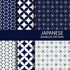 Japanese seamless pattern collection, Decorative wallpaper. Vector Asian background in navy blue colour.