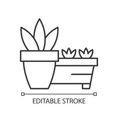 Flower pots and flower beds linear icon. Place to grow plants inside house. Gardening equipment. Thin line customizable illustration. Contour symbol. Vector isolated outline drawing. Editable stroke