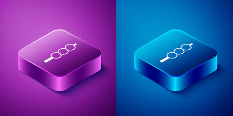 Isometric Meatballs on wooden stick icon isolated on blue and purple background. Skewer with meat. Square button. Vector