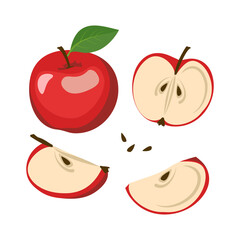 Red apple icons set. Whole fruits and halves with seeds and leaves. Food for a healthy diet. Sweet snack