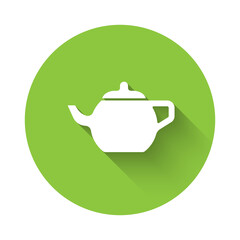 White Traditional Chinese tea ceremony icon isolated with long shadow. Teapot with cup. Green circle button. Vector