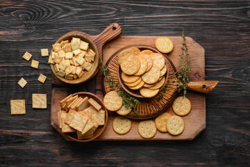 Composition with crackers on wooden background