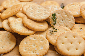 Tasty crackers as background, closeup