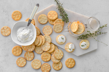 Composition with crackers on light background