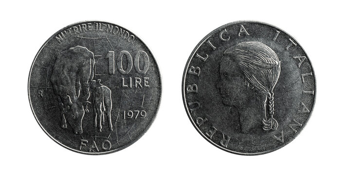 Rome, Italy - April 9, 2021: Italian 100 lire coin of 1979 for the FAO anniversary "Nutrire il mondo" meaning "Feed the world", obverse and reverse.