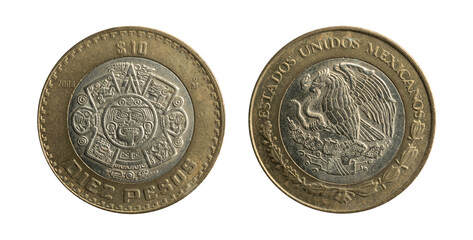 Diez Pesos of Mexico coin of 2006 representing the Aztec sun stone, obverse and reverse.