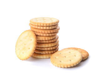 Stack of tasty crackers on white background