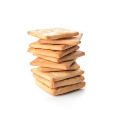 Stack of tasty crackers on white background