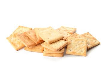 Tasty crackers on white background
