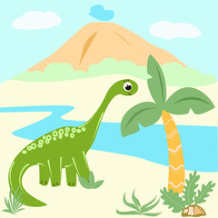 Cute brontosaurus dinosaur near tree and stream