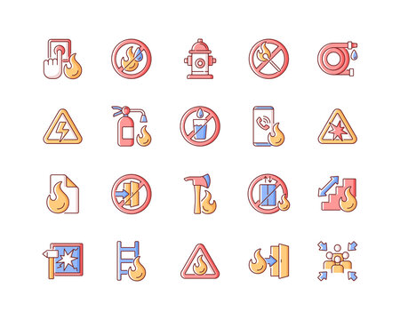 Fire safety RGB color icons set. Alarm for emergency. Do not use drinking water. Pulaski axe. Ladder, stairway ford escape. Warning sign. Risk situation guidelines. Isolated vector illustrations