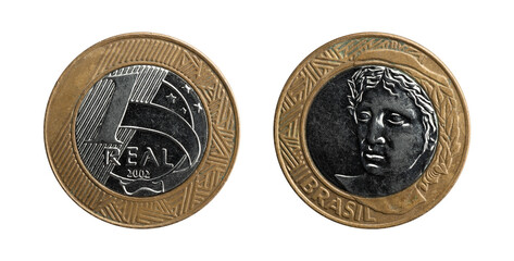 1 Real coin of Brazil of 2002, obverse and reverse.