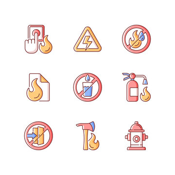 Fire emergency RGB color icons set. Alarm button. High voltage. Use no water. Fire blanket, extinguisher. Do not enter. Pulaski axe. Hydrant for emergency. Isolated vector illustrations