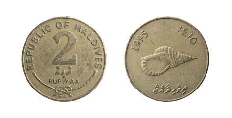 Maldives 2 Rufiyaa coin of 1995 with a Conch shell, obverse and reverse.
