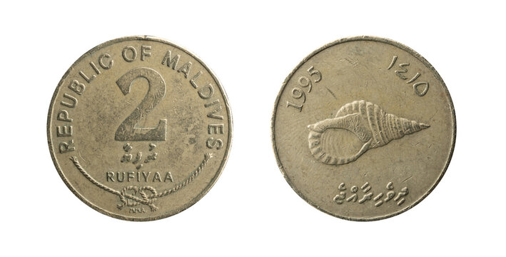Maldives 2 Rufiyaa coin of 1995 with a Conch shell, obverse and reverse.