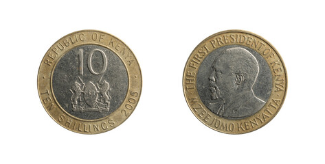 Kenya Ten Shillings coin of 2005 representing the first president of Kenya, Mzee Jomo Kenyatta, obverse and reverse.