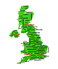 Educational map of Great Britain. UK cities. Isolated on white. Poster, banner, brochure template.